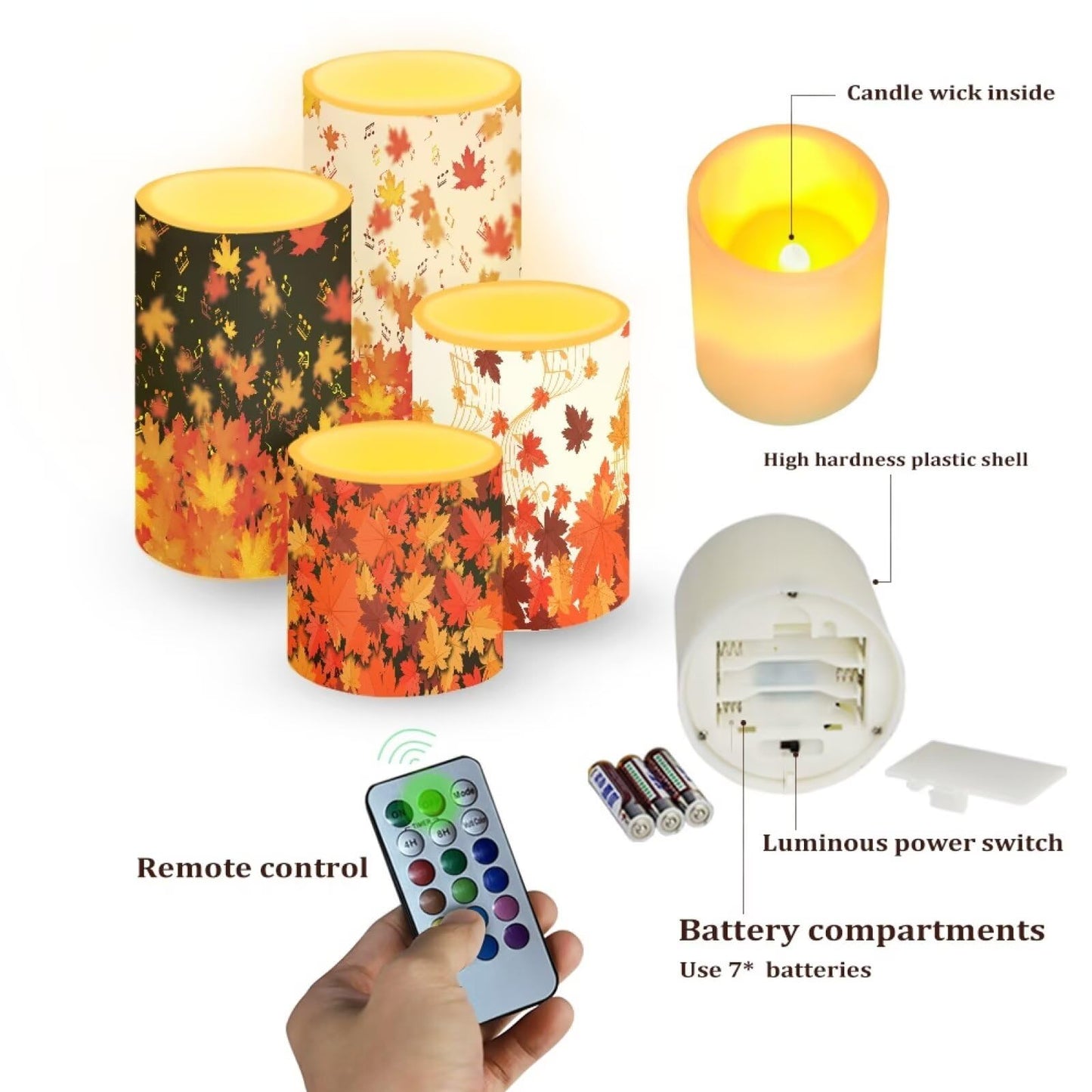 NETILGEN Thanksgiving Day Decor LED Flameless Candles Set Pack of 4 with Remote Control Timer, Dancing Flame Pillar Candles for Indoor Home Decoration Autumn Maple Leaf Print
