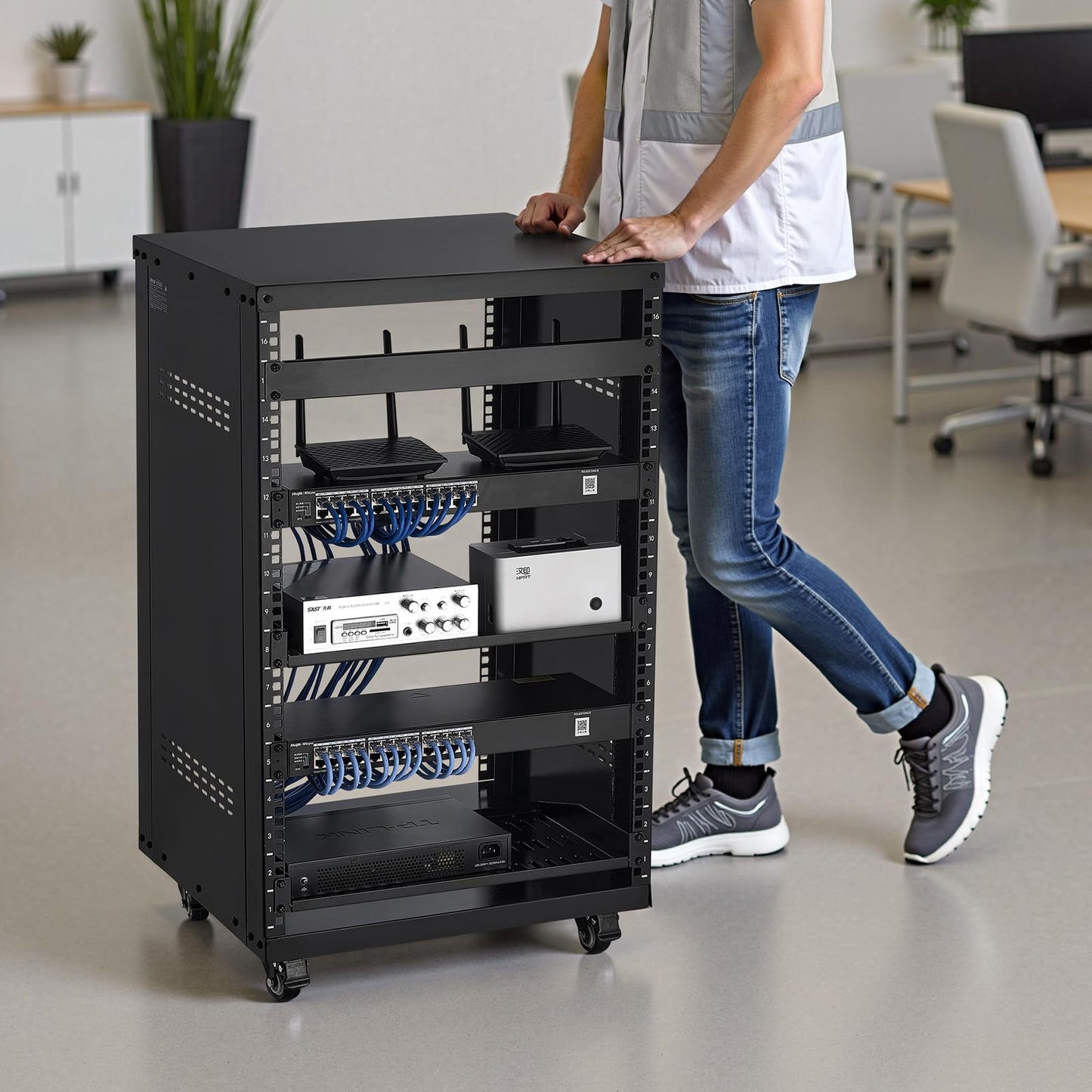 VEVOR 16U AV Rack, Recording Studio Rack Cabinet, Open Frame Server Rack with Locking Caster Wheels, Removable Side Panels & Vent Design for 19" Network, Audio, Video, IT & Network Equipment Mounting