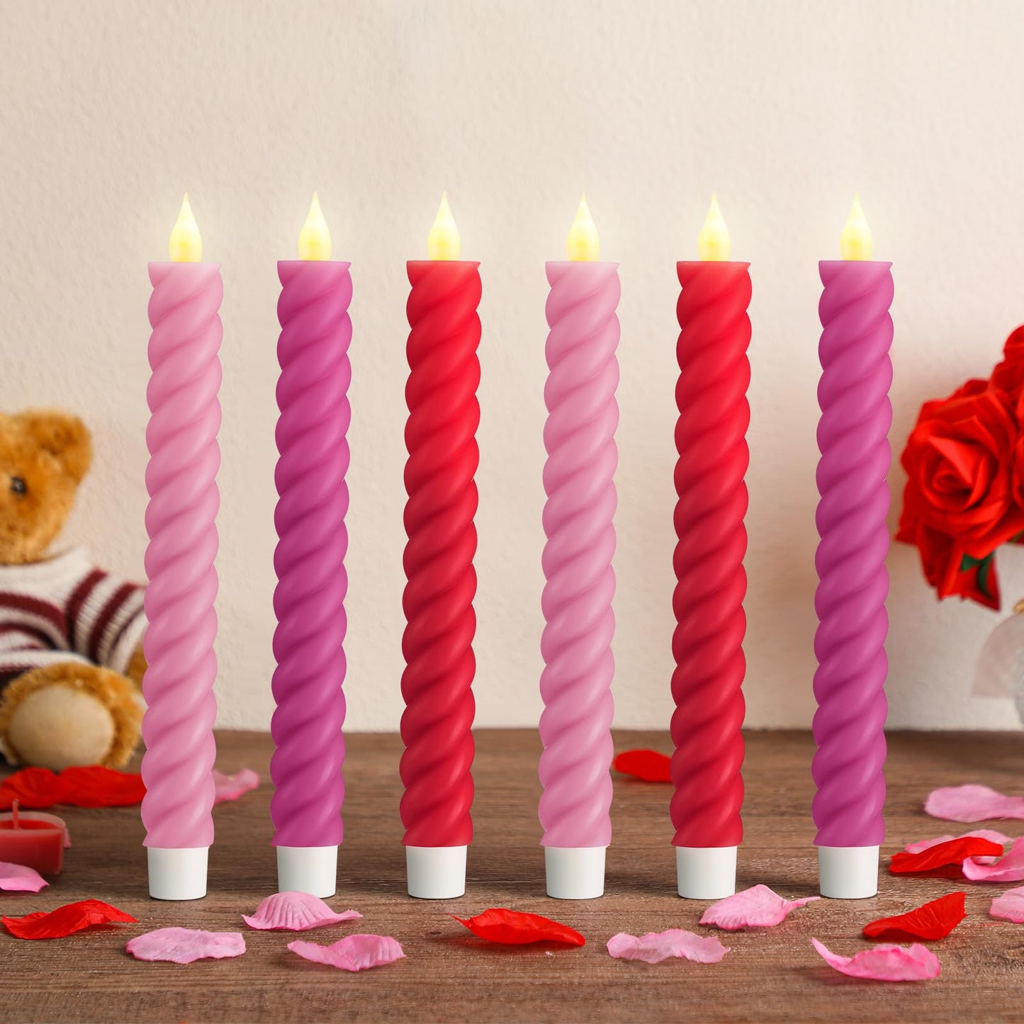 Baquler 6 Pcs Flameless Taper Candle Pink and Red Twisted LED 9.65 Inch Taper Candles Battery Operated Twisted Candlestick for Spring Birthday Home Party Dinner Table Decor