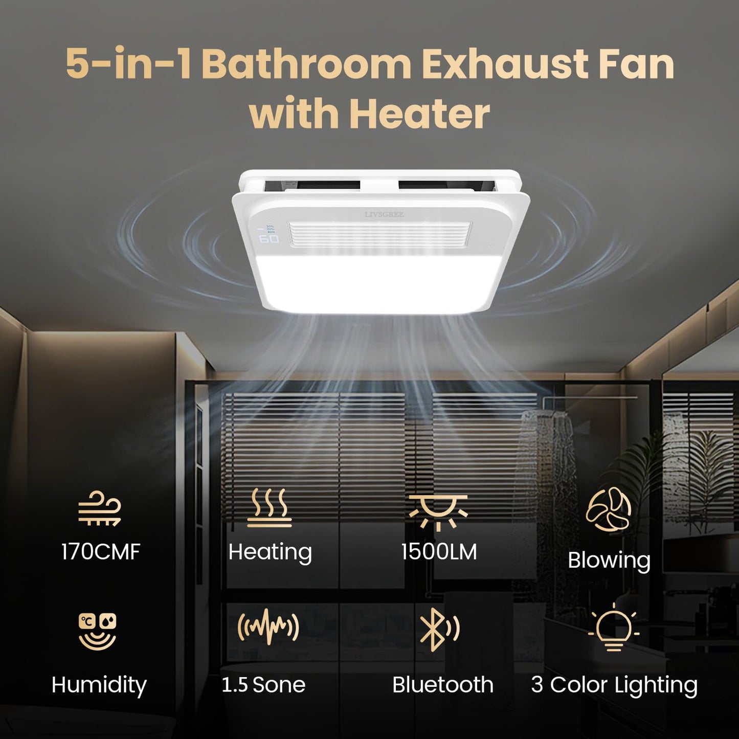 LIVSGREE 5-IN-1 Bathroom Exhaust Fan with Heater 1600W & 3CCT LED Light & Humidity Sensor, & Bluetooth Speaker, 170 CFM, 6-RGB, 1.5 Sone Quiet Ceiling Bath Fan With Remote Control for Bathroom Heating