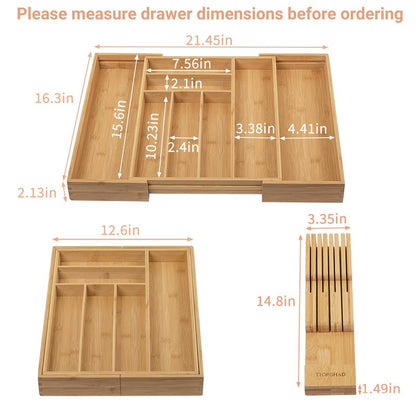 TIOPGHAD Bamboo-Silverware-Drawer-Organizer-Kitchen, Expandable Utensil Holder Cutlery Tray Flatware Organization Adjustable Wood Tableware Dividers Storage (with Removable Knife Block)(Natural)