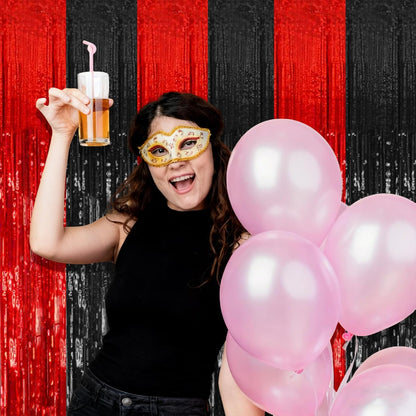 Skiennix 5-Pack Tinsel Curtains - Black & Red Foil Fringe Backdrop for Parties & Events