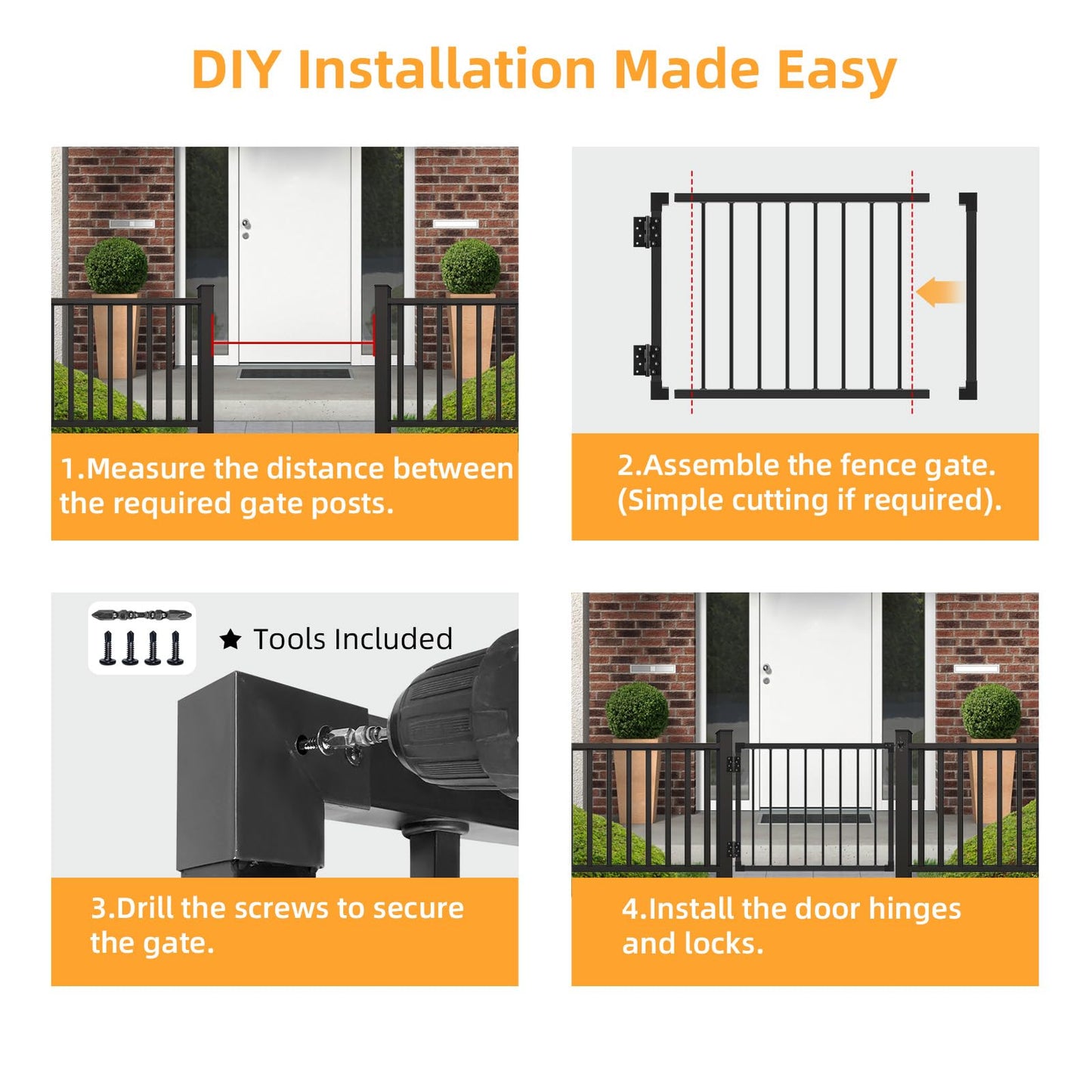 Deck Gate Outoor, 36″ Black Heavy Duty Steel Anti-Rust Fence Door with Adjustable Width (Up to 48"), Easy Installation Metal Gate for Residential, Yard, Patio, with Hinges and Latch