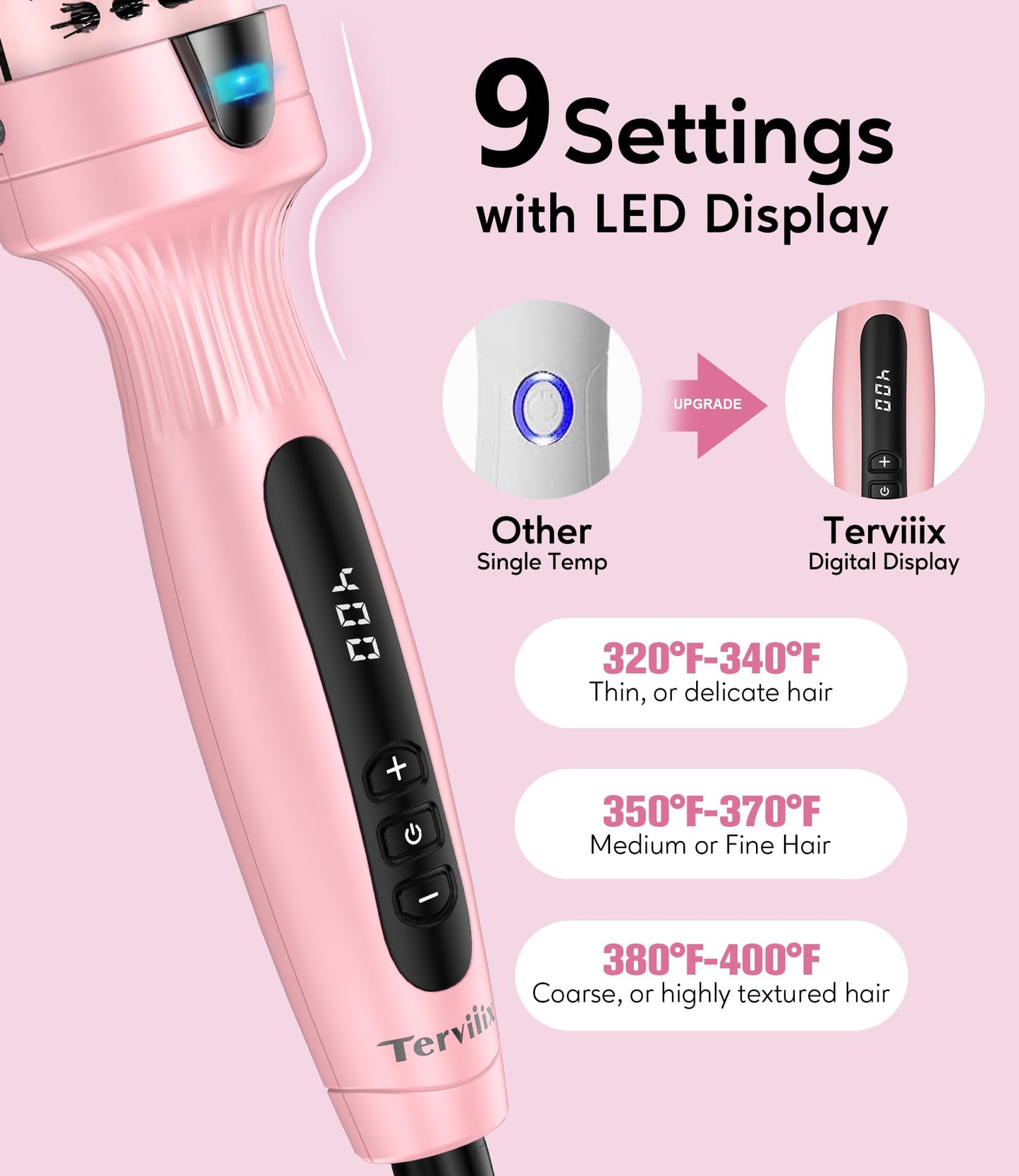 Terviiix Thermal Brush Get Voluminous Style, Quick Heating Hot Brush, Ceramic Tourmaline Ionic Heated Curling Iron, Digital Display 9 Temperatures Curling Wand, Dual Voltage, 1.5 Inch