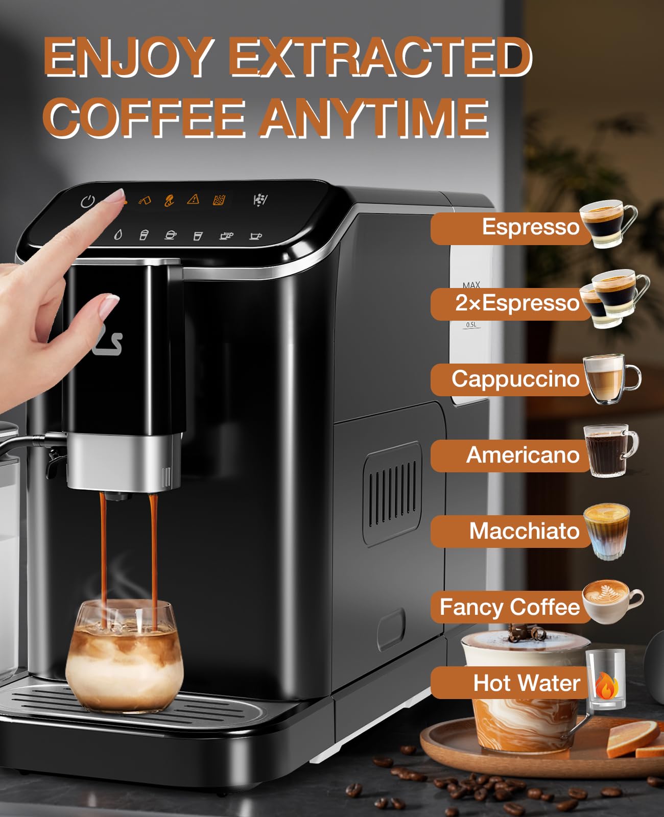 Super Automatic Espresso Machine & Coffee Maker, 20Bar Pressure, Built-in Conical Burr Grinder & Milk Frother, 6 One-Touch Recipes, Auto Clean, 1.5l Water Tank, for Home Office, 120v, Black&Silver