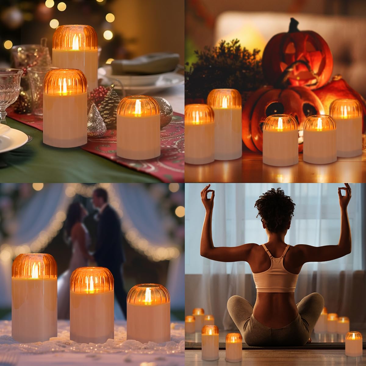 LEDHOLYT Rechargeable Jar Flameless Candle, Flashing LED Pillar Real Wax Candle with Remote Control and Timer, Black Pumpkin Glass Electronic Candles for Room Decoration, 1 Set of 3