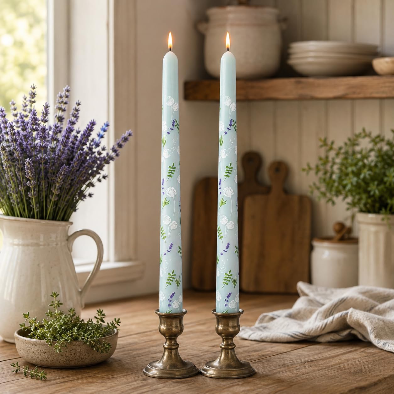 Dandelion Printed Taper Candles Set of 2, 10 Inch Handmade Candle Stick, Unscented Long Candle, Tapered Candles for Wedding Dinner Table Home Decor Gift
