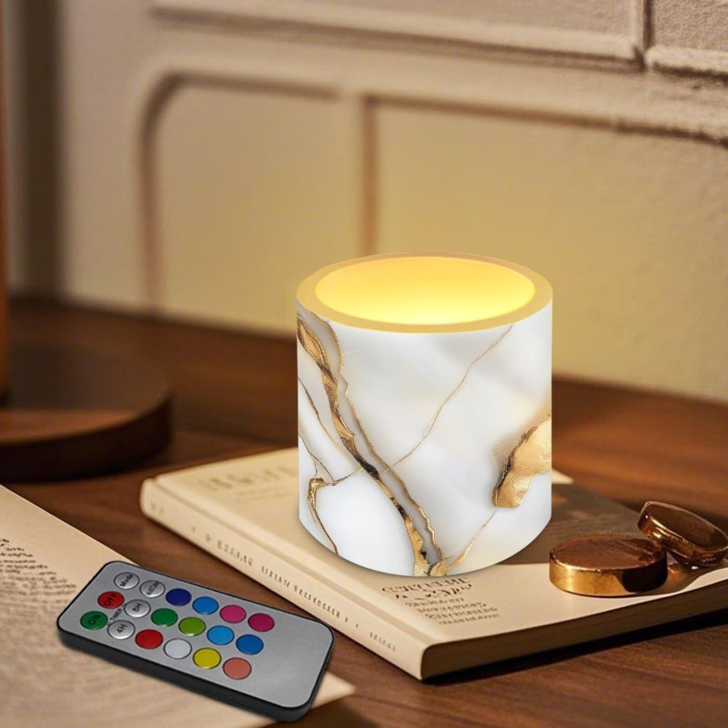 Cozeyat Gold Marble Flameless Candles 4 Pack Waterproof Battery Operated LED with Remote Control Timer Dancing Flame for Indoor Outdoor Home Decor