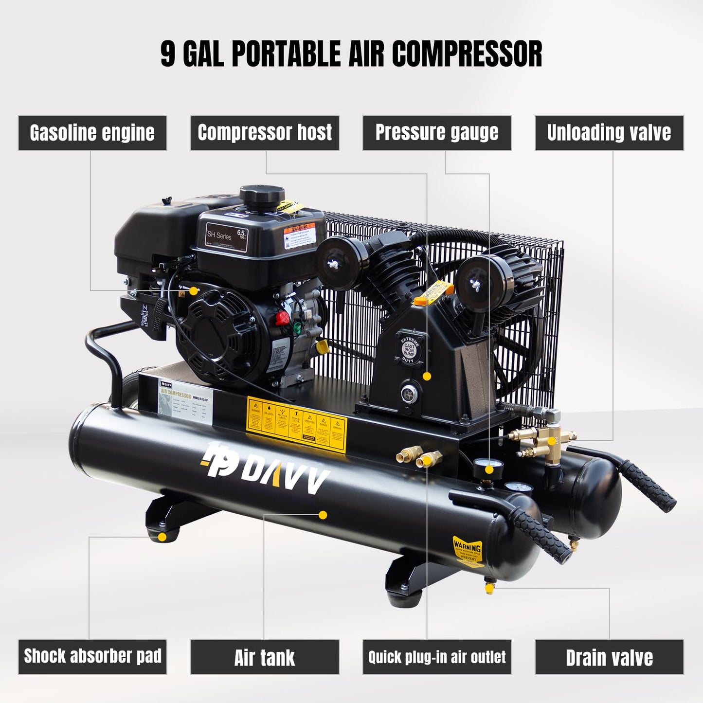 HPDAVV 6.5HP Gas Powered Air Compressor with Wheels 9 Gallon Air Tank 12 CFM Wheelbarrow Gasoline Powered Piston Air Compressor Max.125PSI for Workshop, Machinery, Construction Sites