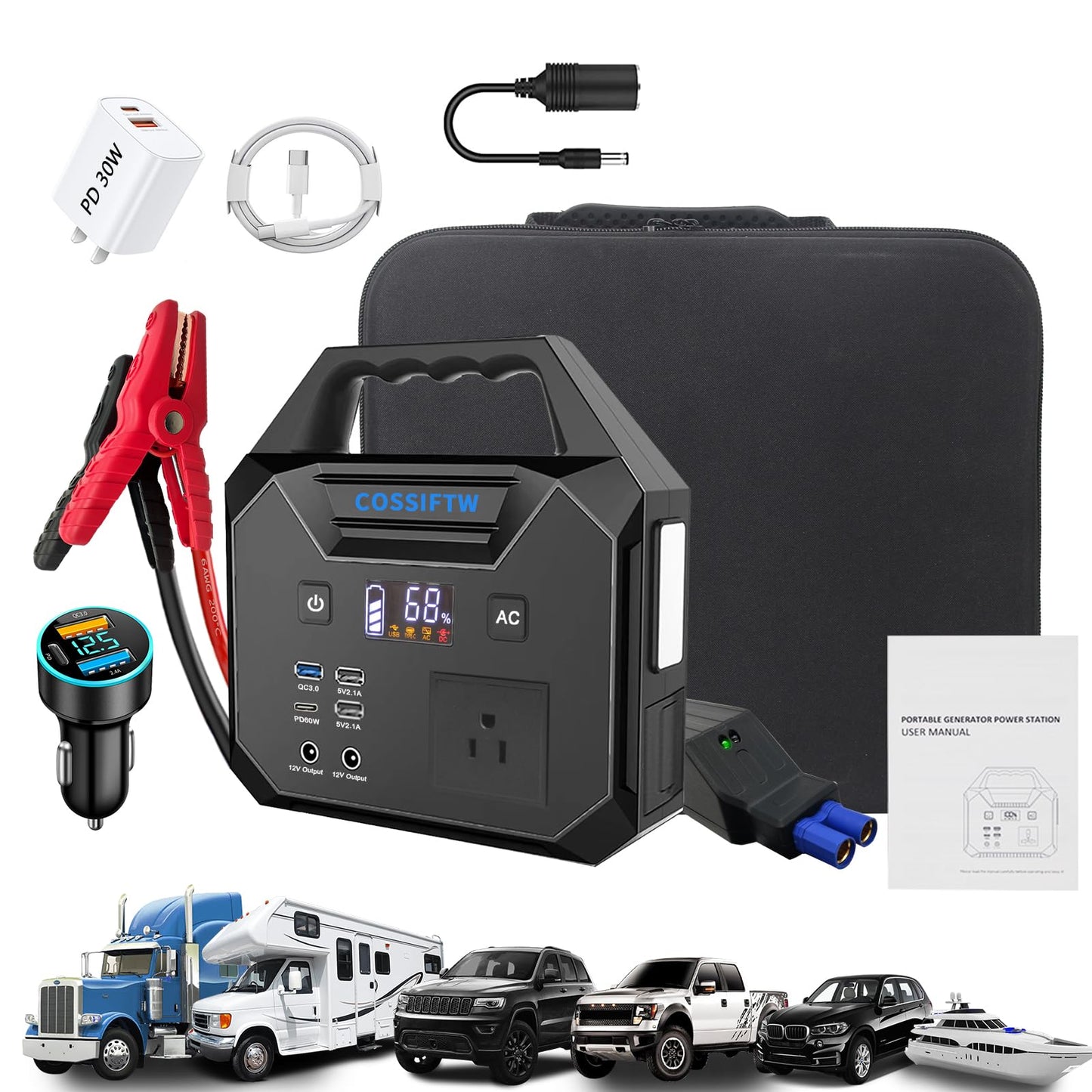 COSSIFTW Heavy Duty 10000A Jump Starter - 200W Power Station with AC Socket for Trucks, Motorhomes, Gasoline and 15L Diesel Engines with 130Wh Battery Packs