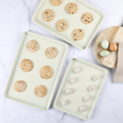 Martha Stewart Gallen 3-Piece Cookie Sheet Set – 13", 15", 17" Baking Pans, Ceramic Nonstick, PFA-Free, Carbon Steel – Oven Safe to 450°F, Warp-Resistant, Easy to Clean - Linen White