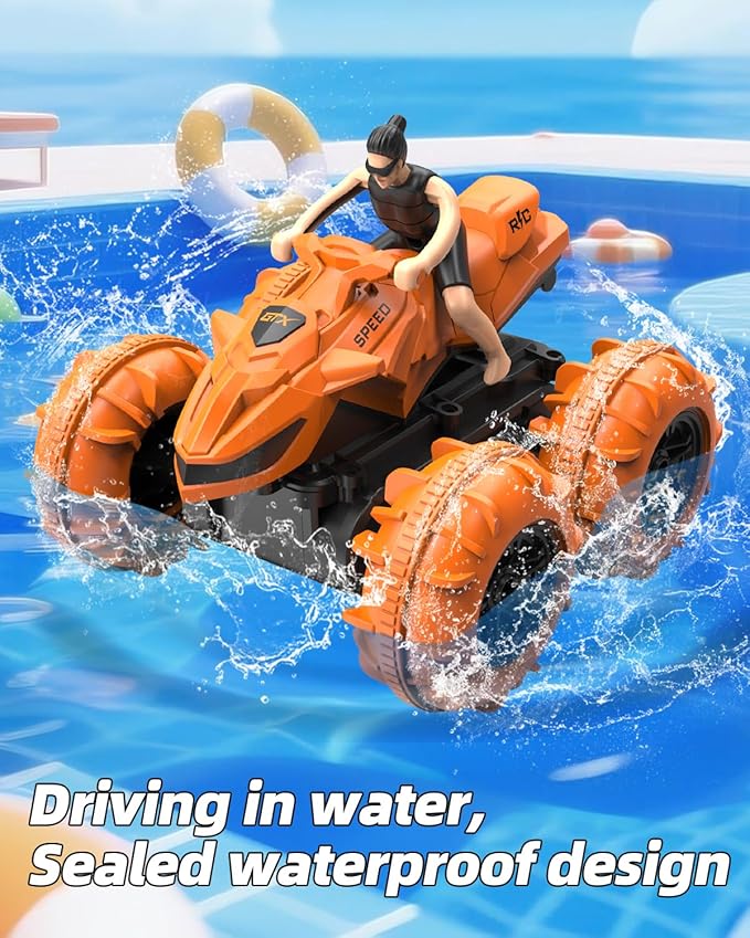 LM15-D Amphibious Remote Control Car 2.4 GHz Waterproof RC Car All Terrain Off Road Car Toys(Orange)