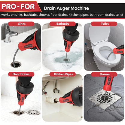 PRO-FOR Drain Auger, 16.4FT Plumbing Snake Drain Clog Remover, Manual & Drill Powered Drain Snake for 0.75–2 Inch Pipes, Sink, Shower, Bathtub, Toilet, Kitchen Drain Cleaner Tool with Steel Cable
