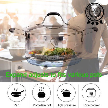 Steamer Basket Stainless Steel Vegetable Basket Metal Handle Folding Silicone Feet Steamer Insert for Cooking Veggies Fish Seafood Include Safety Tool,Fit Various Pot Pressure Cooker (5.1" to 9.5")