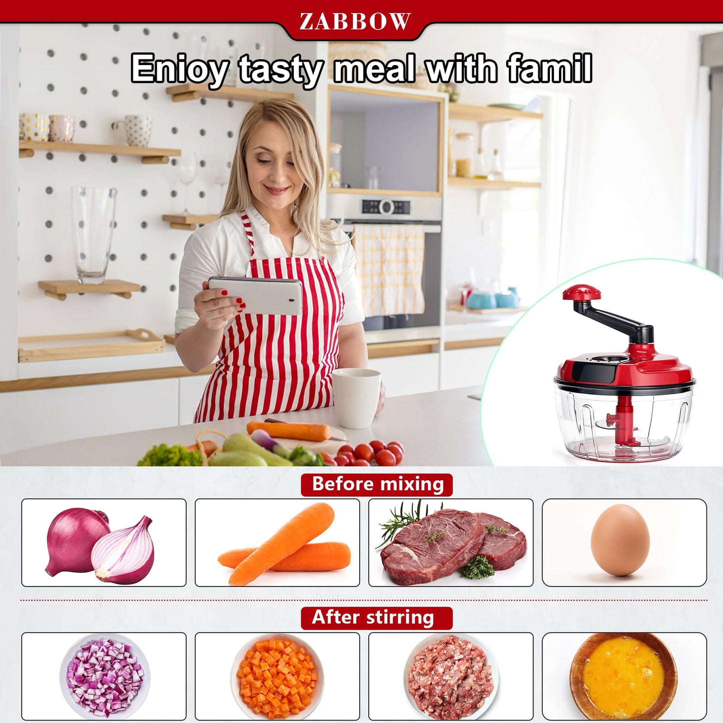 Manual Food Processor,8 Cup Hand Powered Crank Chopper,Mincer Blender with Clear Container,for Vegetables Meat Fruits Onions