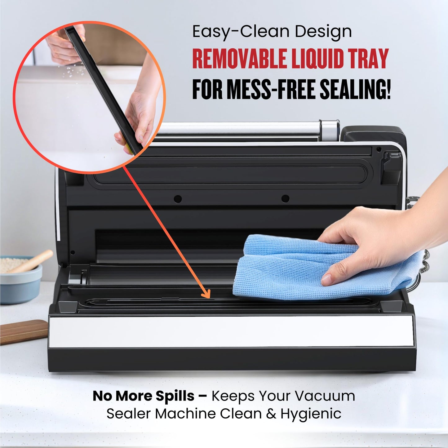 Magic Mill Pro Liquid Vacuum Sealer Machine, New Patent Technology for Liquid, Dry, Moist Food, Upgraded Handle Lock, 90Kpa Bag Storage, Built-in Cutter, Removable Drip Tray, Double Seal for Freshness
