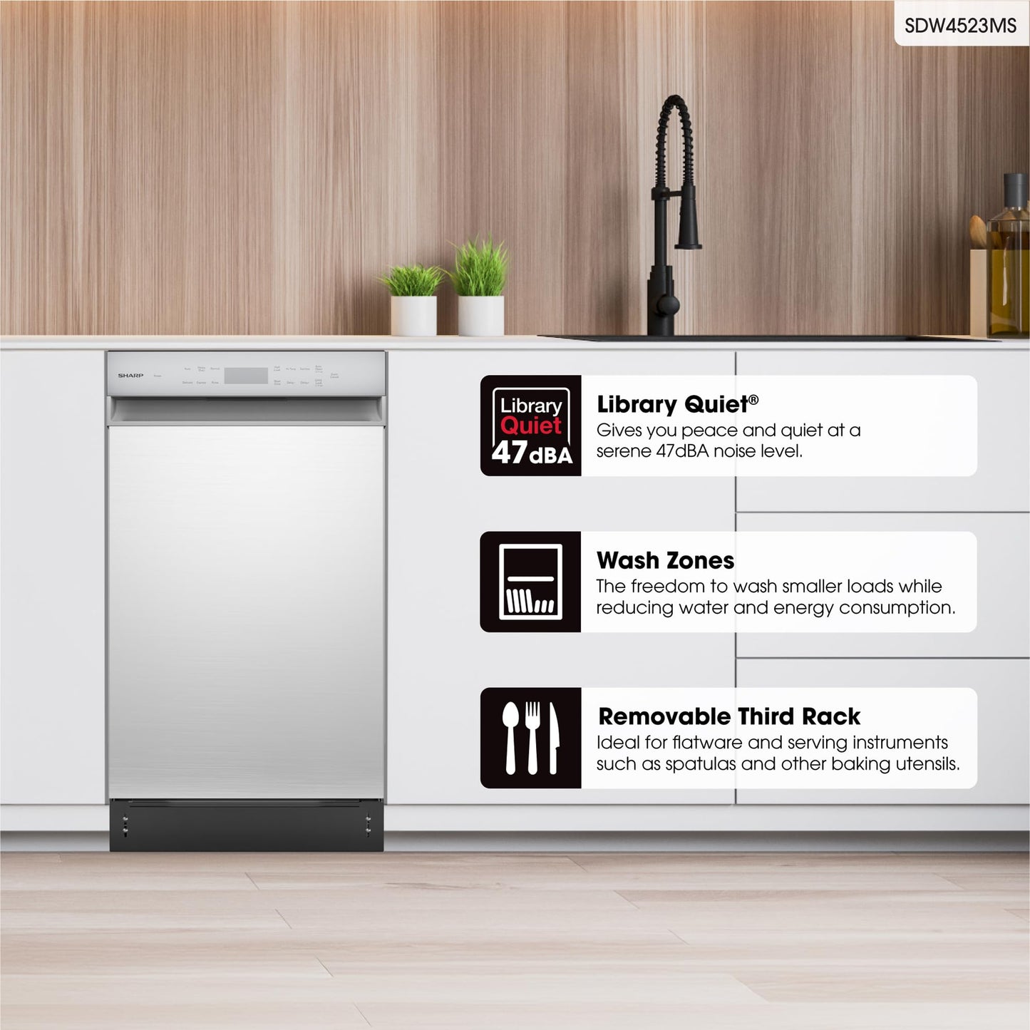 Sharp SDW4523MS 18-Inch Built-In Dishwasher, Stainless Steel, 47 dB, Third Rack, 8 Place Settings, 6 Wash Cycles