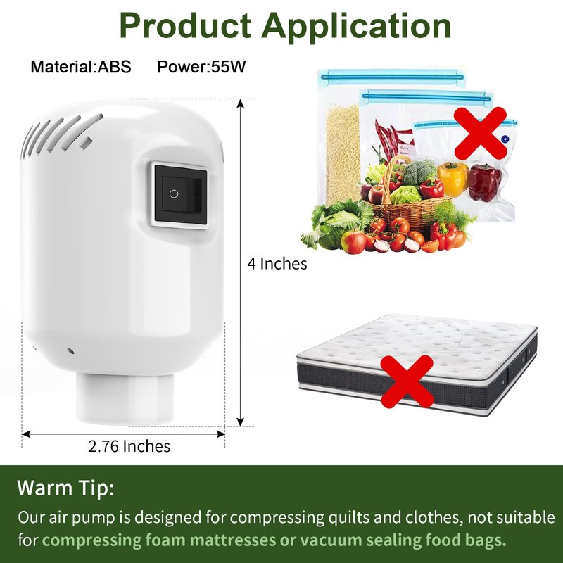 Electric Air Pump for Vacuum Storage Bags 55W Vacuum Seal Pump for Compressing Clothing Portable Vacuum Pump with Various Clothing/Quilts/Blankets