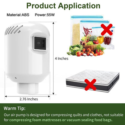 Electric Air Pump for Vacuum Storage Bags 55W Vacuum Seal Pump for Compressing Clothing Portable Vacuum Pump with Various Clothing/Quilts/Blankets
