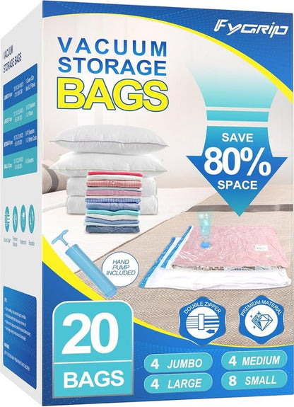 Fygrip Vacuum Storage Bags - Space-Saving Seal Bags with Hand Pump for Clothing & Blankets | 20 Combo Set