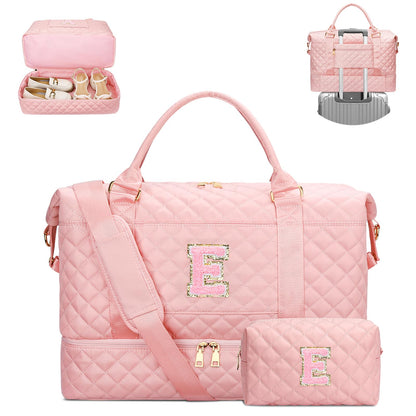 CLOUDWINGS Gifts for Women Girls Initial Travel Duffle Bag Quilted Weekender Carry-On Overnight with Cosmetic Bag, Gym Bag with Shoe Compartment Hospital Bag for Labor Delivery, Pink E