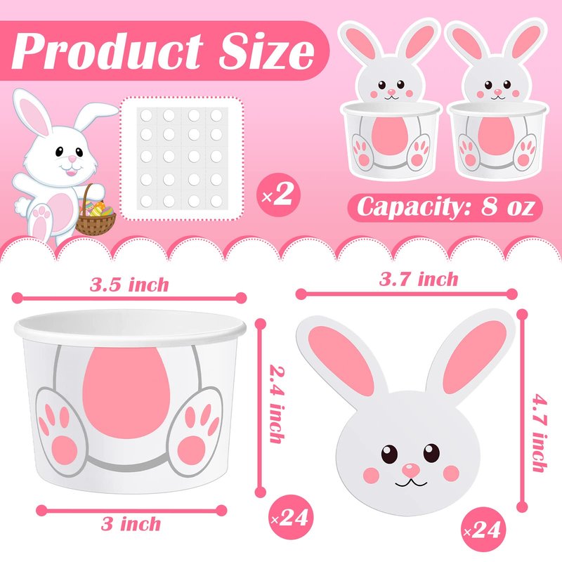Suclain 24 Pack Easter Bunny Snack Cups 8 oz Easter Party Paper Treat Bowls Disposable Bunny Dessert Cups Small Holiday Kids Party Cups for Party Favors Decorations Supplies