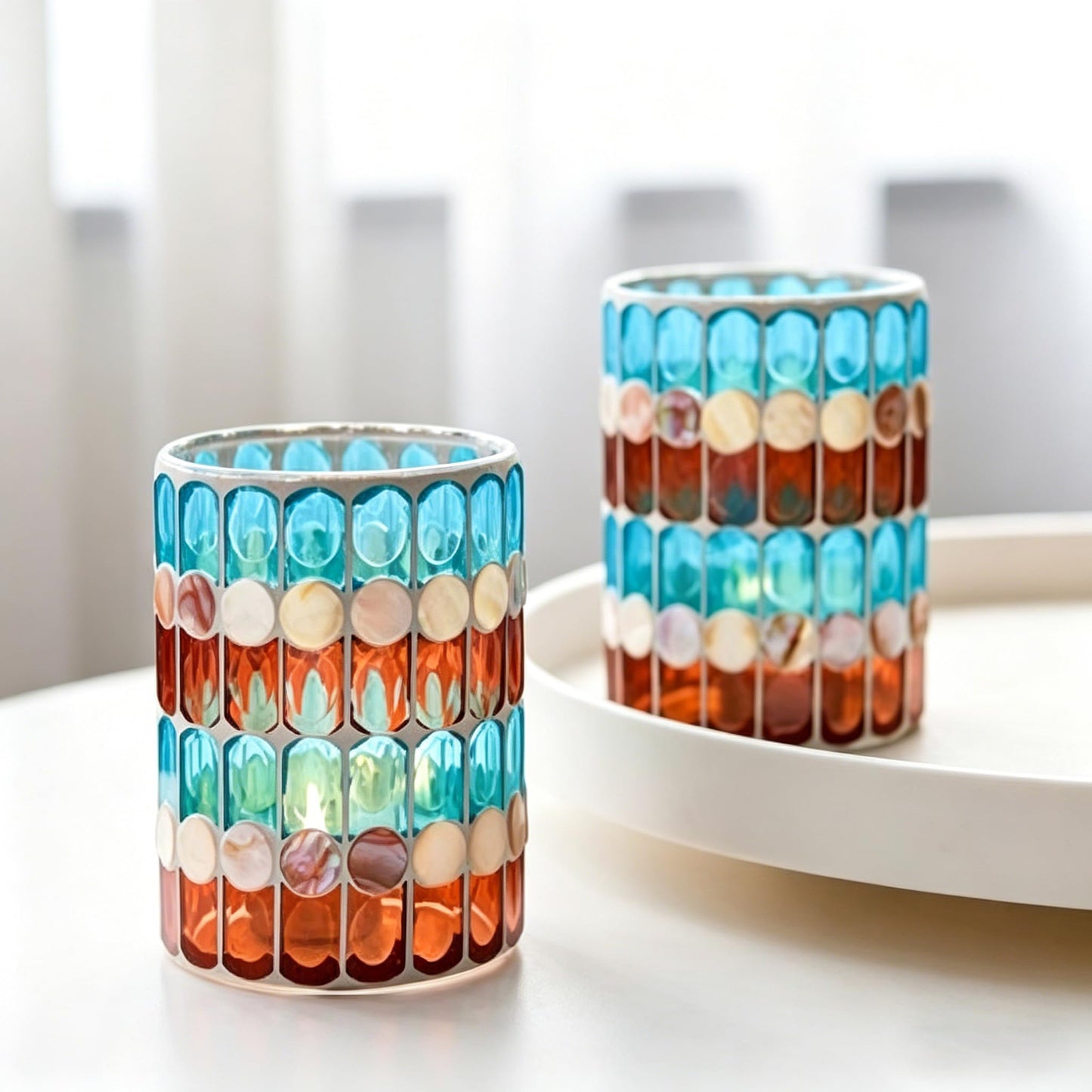 Glass Candlestick Romantic Mosaic Broken Candlelight Aromatherapy Candle Cup for Valentine's Day Christmas Thanksgiving Tables Center of Party Decorations(NO Candles)