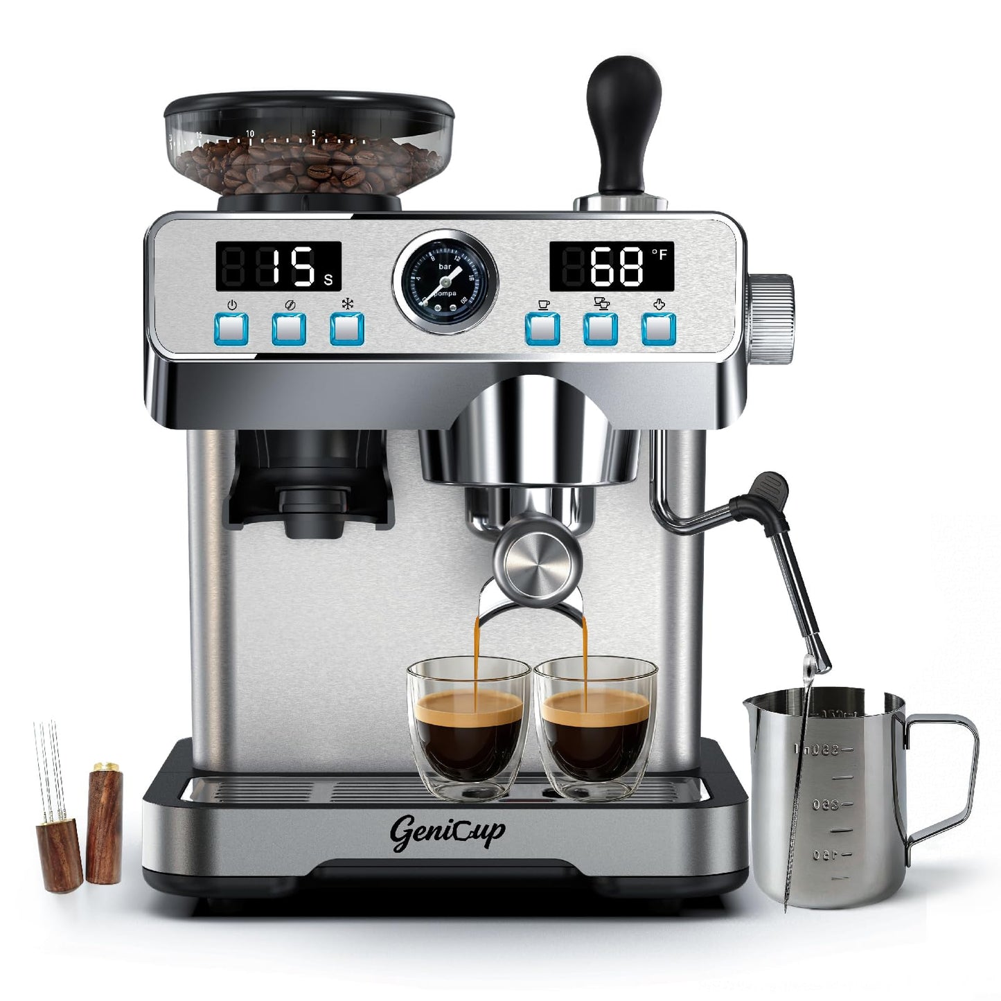 GeniCup Espresso Machine with Grinder 20 Bar Professional Expresso Coffee Machines for Home Customizable 194℉-203℉ Temp Control Espresso Maker with 68oz Water Tank All-in-One Coffee Maker Cold Brew