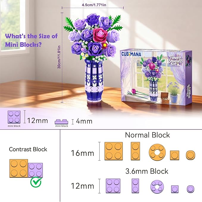 Purple Roses Flowers Building Set with Vase &amp LED Light 17 Mini Flowers Bouquet Building Blocks Toy for Adults Artificial Flowers for Home Office Decor &amp Display Gifts for Women &amp Men