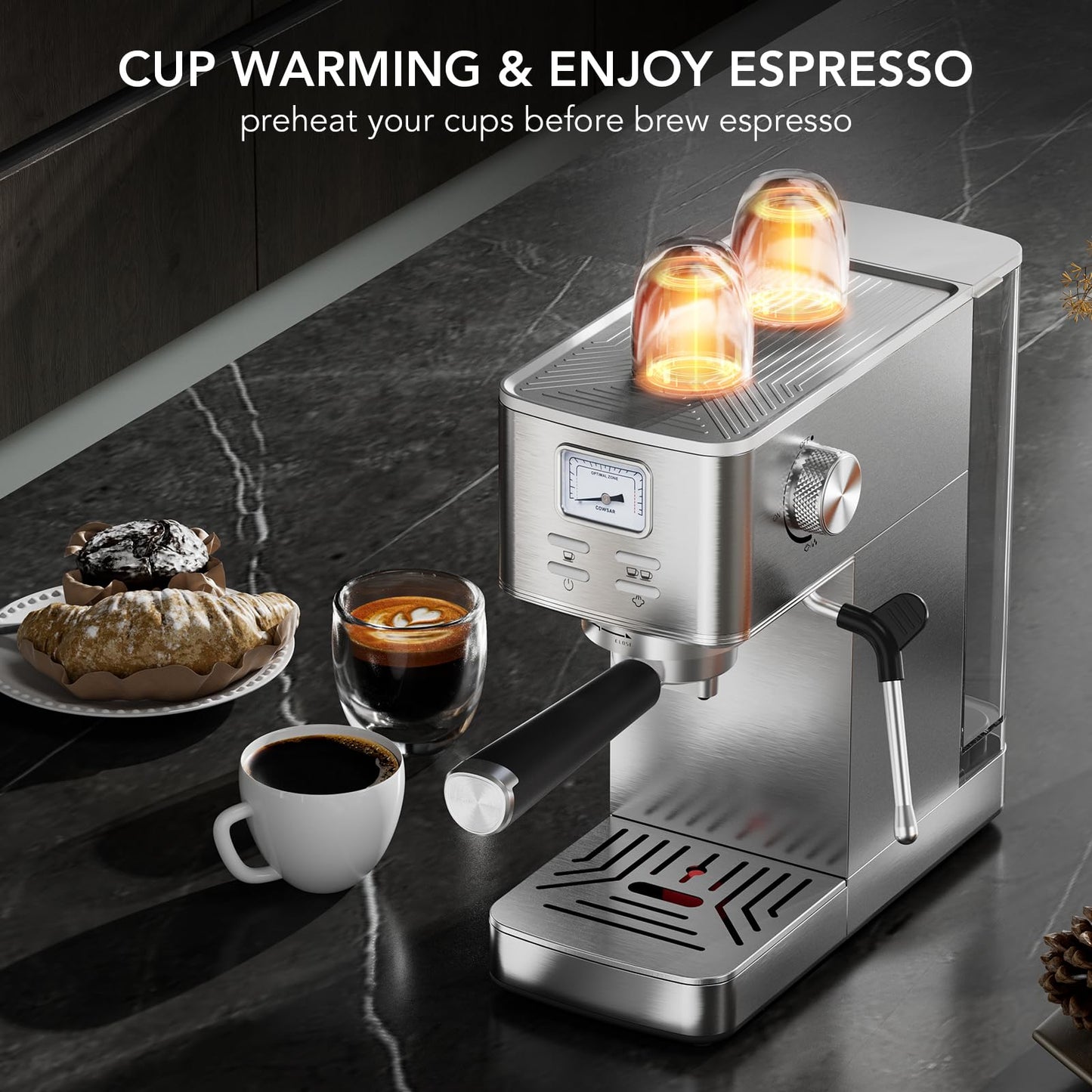 COWSAR Espresso Machine 20 Bar, Compact Commercial Espresso Maker with Milk Frother, Visual Pressure Gauge, Coffee Machine with 47oz Removable Water Tank and Capsule Funnel, for Cappuccino, Latte