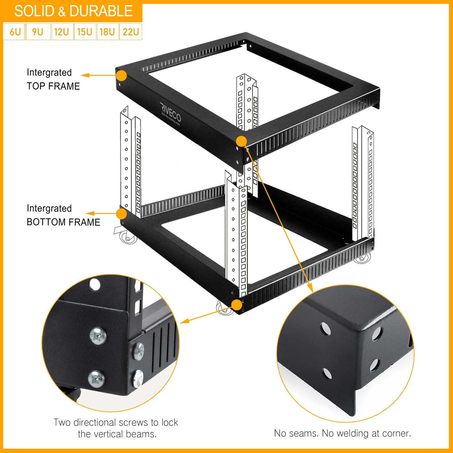 RIVECO 22U Open Frame Server Rack with Wheels- Heavy Duty 4 Post Quick Assembly 19-inch, Stereo Rack Rolling Network Shelf Black