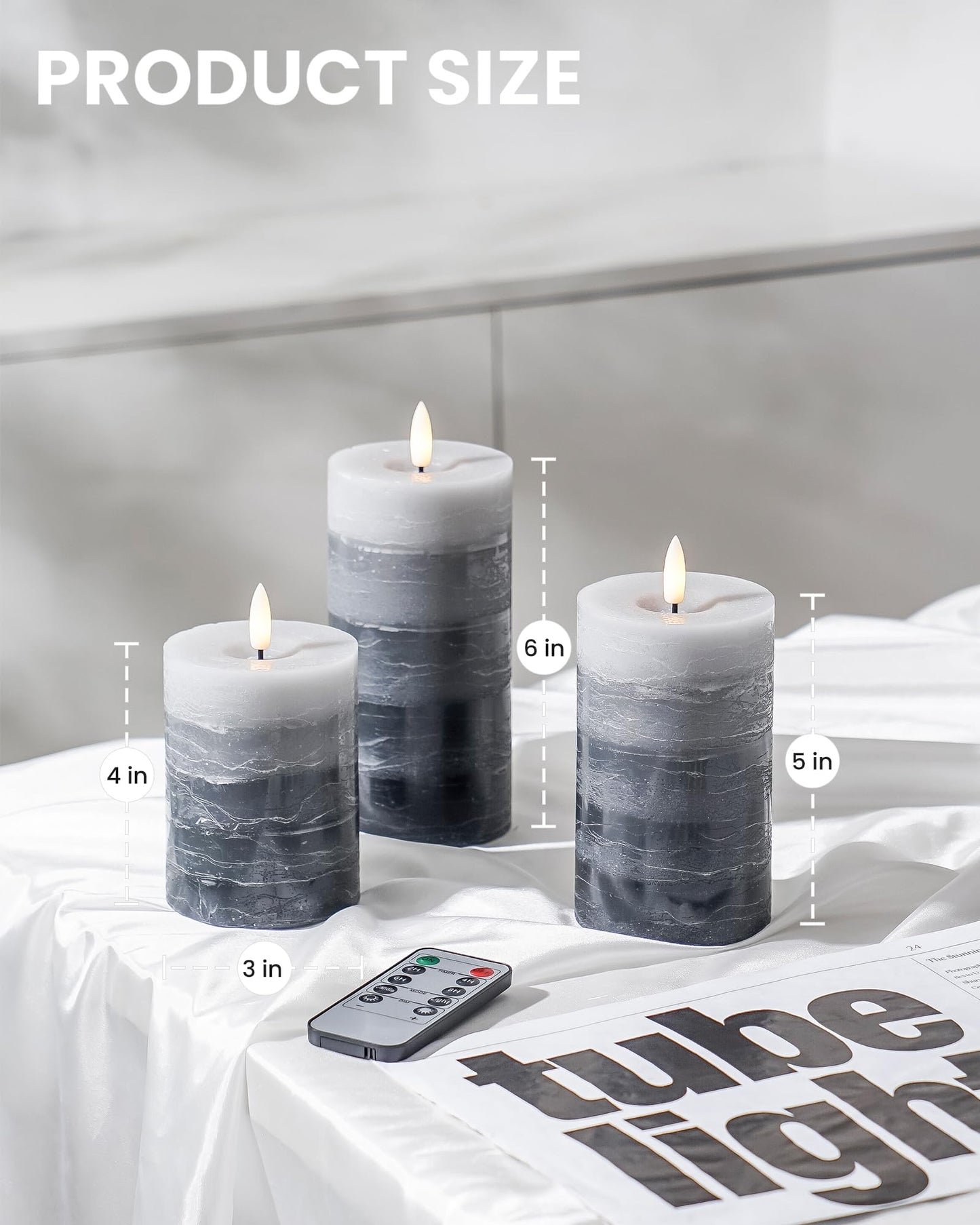 Stmarry Distressed Gradient Gray Flameless Candles with Remote and Timer, Real Wax Made LED Pillar Candles Battery Operated with 3D Flickering Flame - 3" x 4",5",6" - Set of 3
