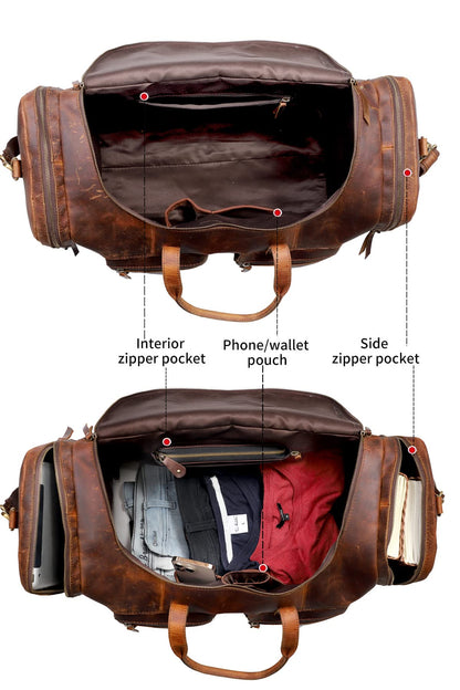 28" Vintage Duffel Classic Style with Modern Outlook Retro Thick Full Grain Cowhide Handmade Airplane Underseat Carry On Bags Leather Gym Overnight Luggage Bag (24 inch)