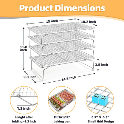 P&P CHEF Cooling & Baking Rack, 4-Tier Stainless Steel Stackable Grid Cooking Racks for Cooling Roasting Grilling, Collapsible & Heavy Duty, Oven & Dishwasher Safe, 15" x 10"