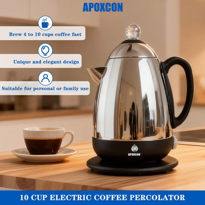 APOXCON Electric Coffee Percolator Stainless Steel Coffee Maker with Clear Brew Progress Knob & Cleaning Brush Auto Keep Warm Cordless Serving elegant design Coffee pot with On/OFF Switch (10 Cup)