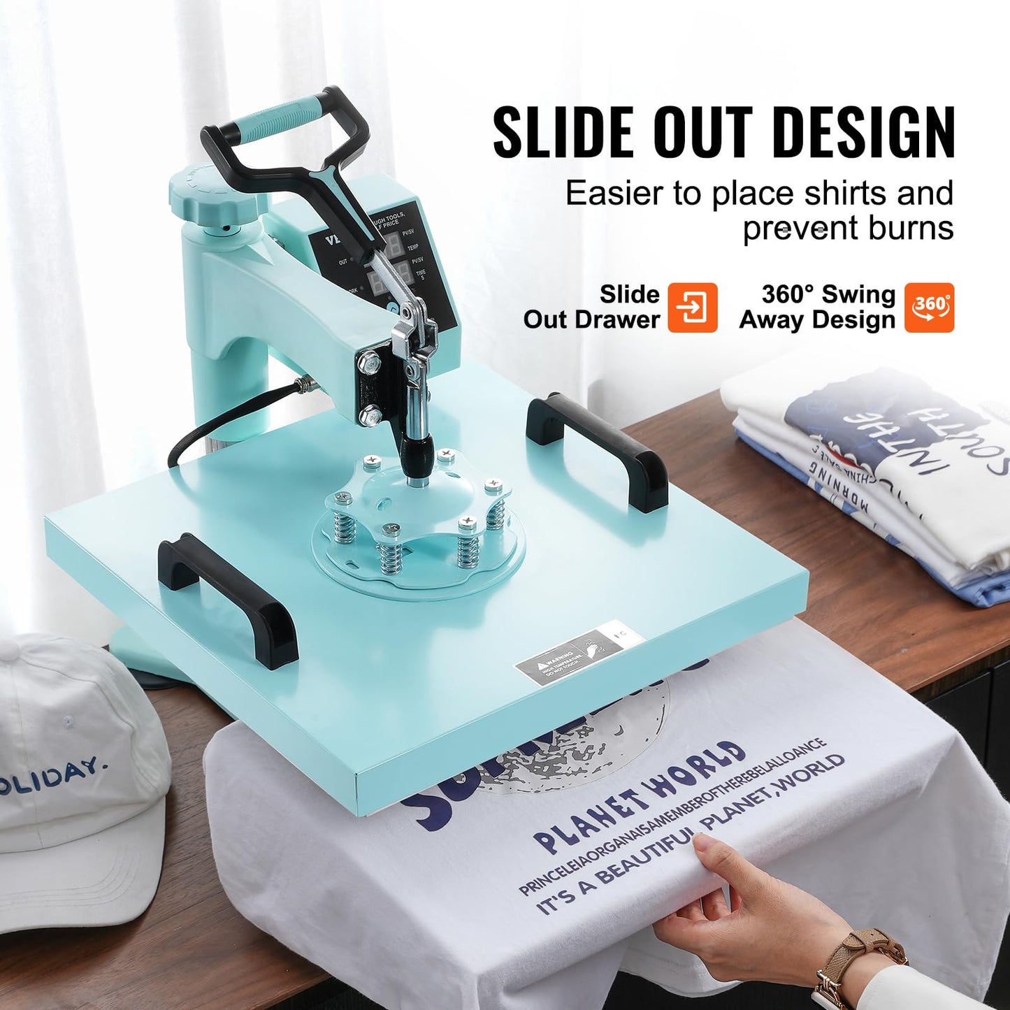 VEVOR 15x15 Heat Press Machine 8 in 1 Combo with 30 OZ Tumbler Press & Hat Press, Slide Out Heat Press Sublimation Machine for T-Shirts, Hats Caps Tumblers Glass Cans Mugs, and Plates (Light Green)