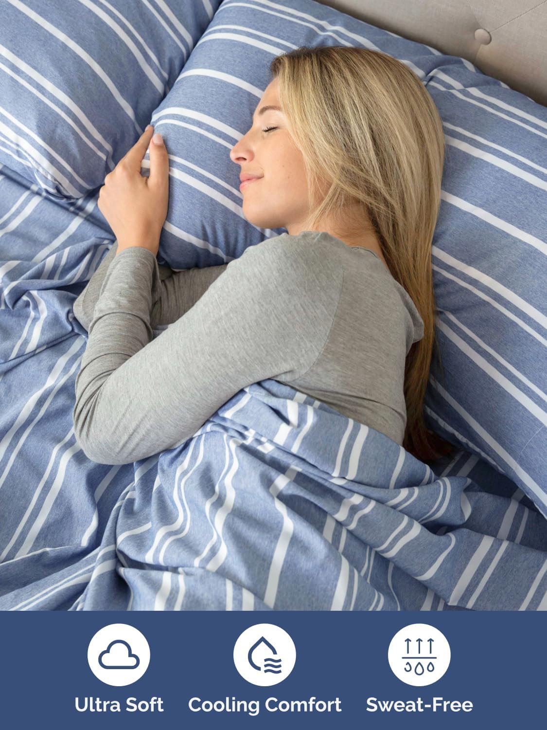 Skiennix Extra Deep Split King Sheet Set | 7-Piece Breathable Cooling Bedding - Soft, Wrinkle-Free Blue Stripes