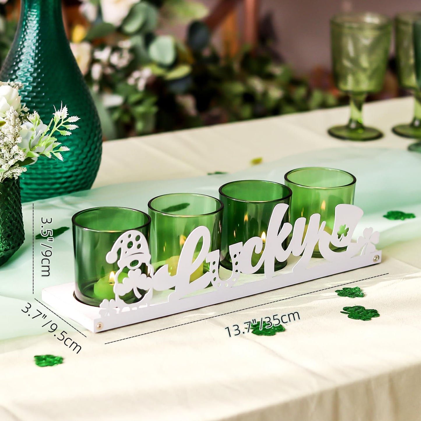 SYFURNIX St Patricks Votive Candle Holder Set, Includes 4 Glass Tealight Holders & 1 Wooden Candle Tray, Green & White St. Patrick's Day Decorations for Table, Office & Indoor Decor