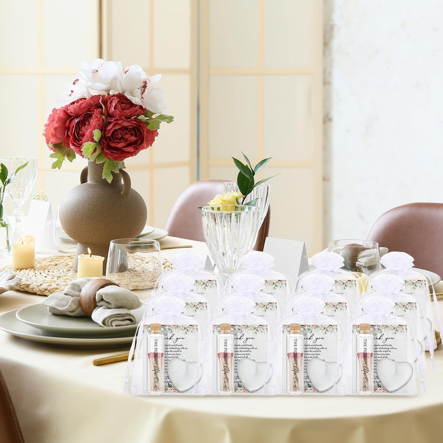 Wovnet 50 Sets Wedding Party Favors for Guests Bulk Including Heart Shaped Candles and Empty Matches Jars with Cork Top Thank You Cards and Organza Bags for Wedding Bridal Shower Party (Flower)