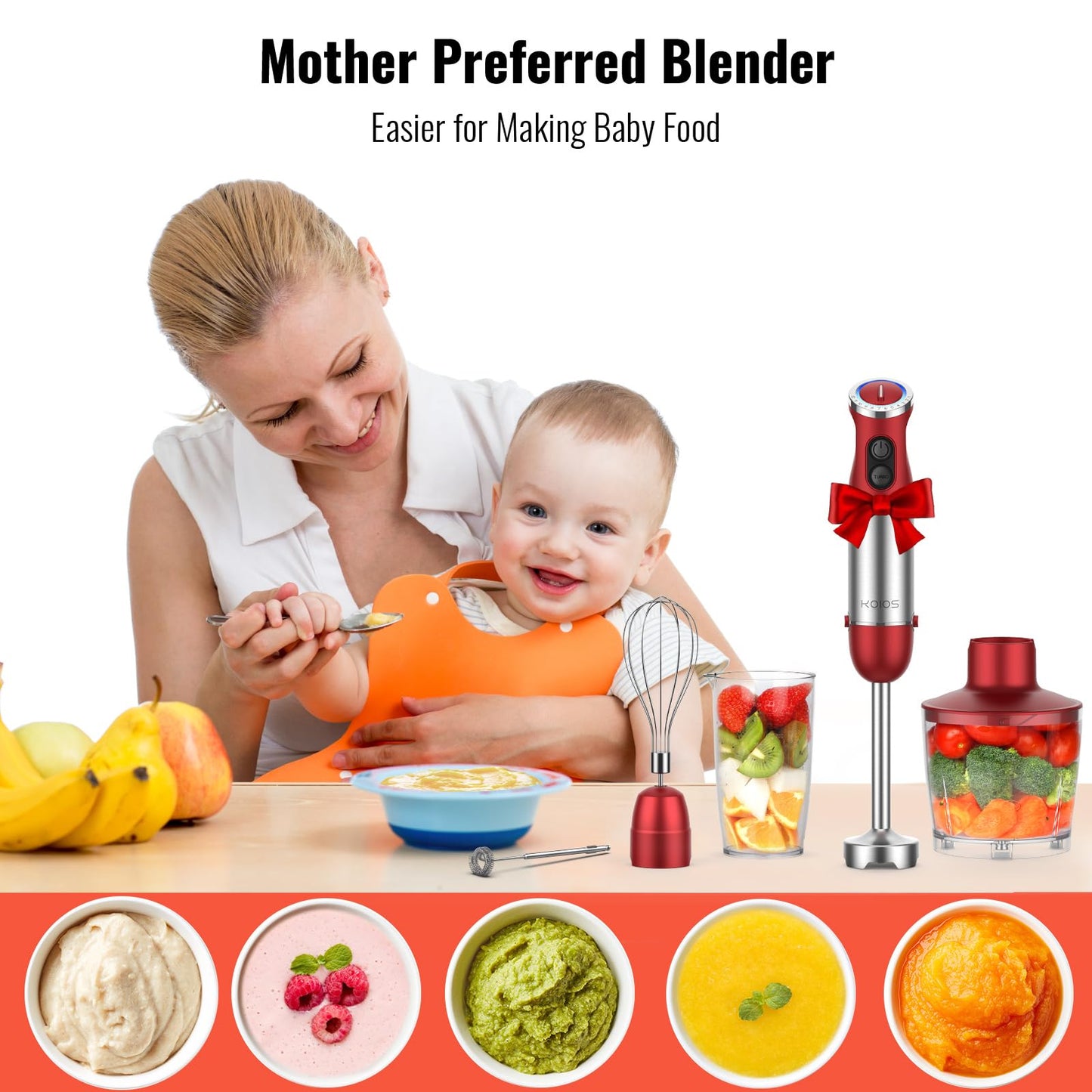KOIOS 5-in-1 Hand Immersion Blender, 1000W 12 Speed Handheld Blender Stick with Copper Motor Stainless Steel Blade, 600ml Mixing Beaker,500ml Food Processor, Whisk, Milk Frother, Non-BPA, Red