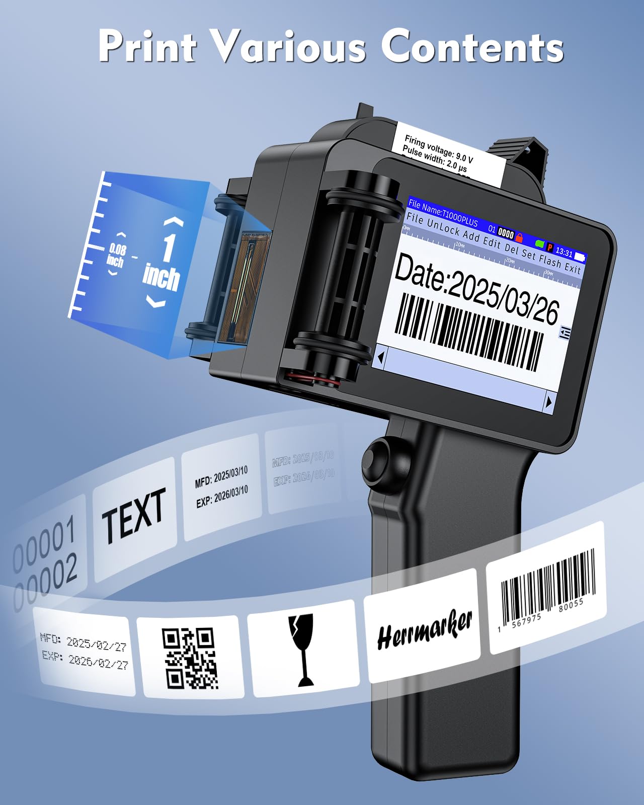 Mini 1" Handheld Inkjet Printer Gun, T1000Plus Handheld Printer Printing Height 0.08-1Inch Inkjet Coder with 42ml Fast-Drying Ink for Text QRCode/Barcode/Batch Number/Date Printer with Touch Screen