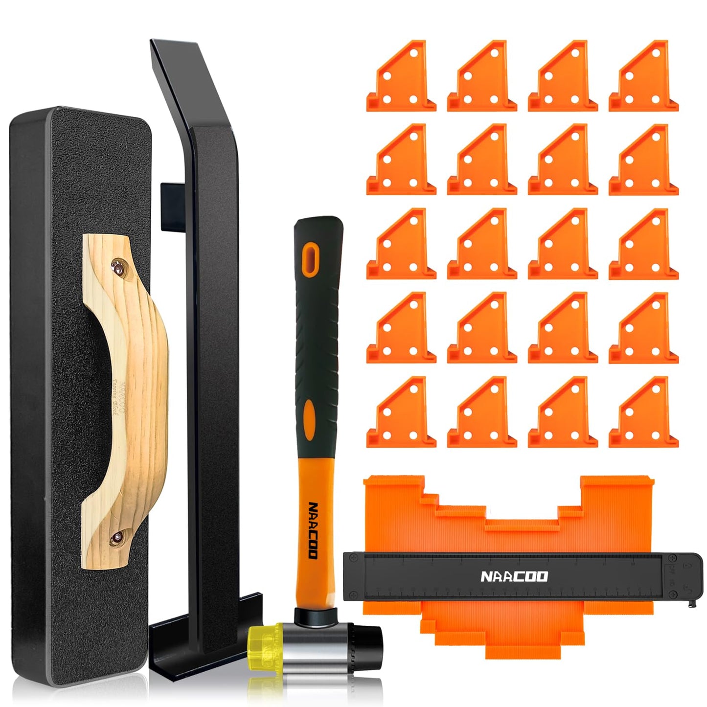NAACOO Laminate Flooring Tools,Vinyl Flooring Tools, Heavy Tapping Block, Heavy Pull Bar, 10”Contour Gauge, 20pc Upgrade Flooring Spacers, Rubber Mallet - Professional 5 in 1 Flooring Installation Kit