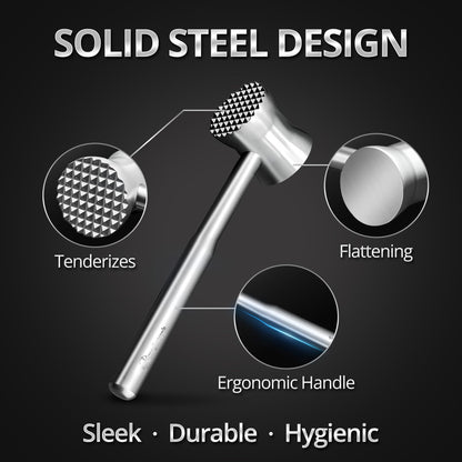 Stainless Steel Meat Tenderizer Hammer – Heavy-Duty All-Metal Design, Anti-Rust & Dishwasher Safe – Textured Surface for Steak, Chicken, Pork, and More,6 - YEAR WARRANTY