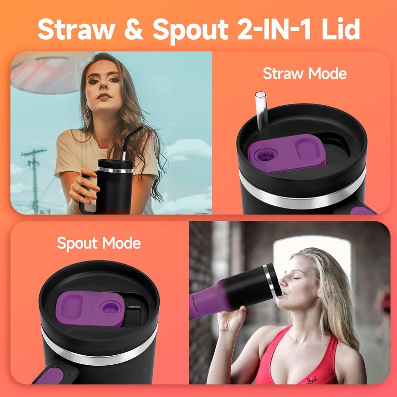 40oz Tumbler with Handle and Straw Spout 2-in-1 Lid, Spill Leak Proof Insulated Travel Cup Traveler Water Mug Keep Cold Hot, Dishwasher Safe Stainless Steel Bottle Gifts for Women Men, Black Purple