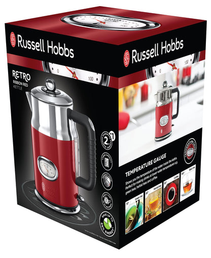 Russell Hobbs Kettle [1.7 L, 2400 W] Retro Red & Polished Stainless Steel (Quick Boil Function, Water Temperature Display in Retro Design, External Water Level Indicator) Vintage Tea Maker 21670-70