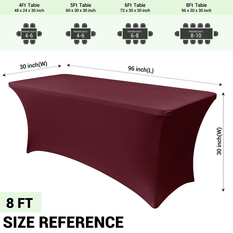 Obstal 8Ft Stretch Spandex Table Cover for Standard Folding Tables - 2 Pack Universal Rectangular Fitted Tablecloth for Party, Banquet, Events, Trade Show (Wine Red, 96L x 30W x 30H Inches)