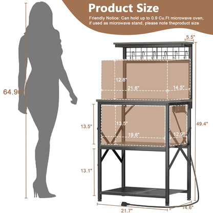 Furologee Kitchen Bakers Rack with Power Outlet, Microwave Oven Stand with Storage 4 Tiers, Coffee Bar Table with 6 S Hooks, Kitchen Storage Shelf Rack for Spices, Pots, Rustic Brown
