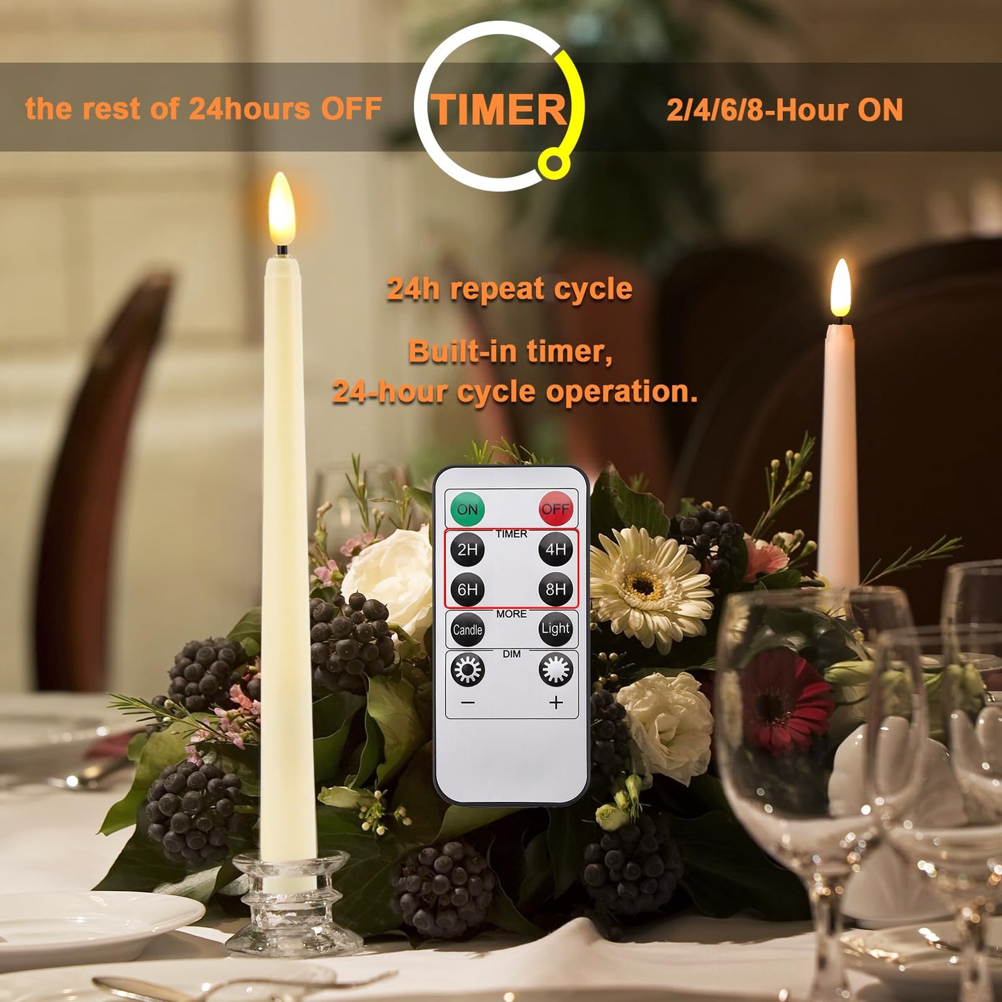 IMAGE Rechargeable Flameless Taper Candles with Remote, 12 Pcs LED Candlesticks 3D Wick Ivory Taper with Timer Flickering Function for Home, Wedding, Birthday Halloween Christmas (Corded Electric)