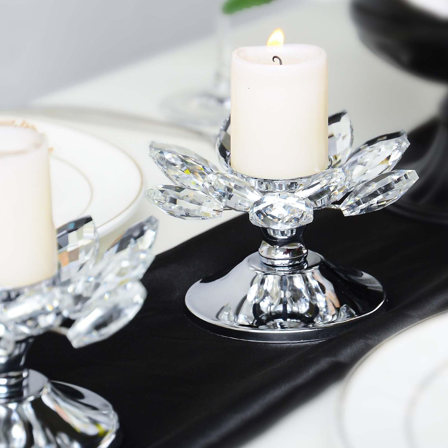 2 PCS Silver Crystal Flower Tea Light Holder, Glass Tealight Candlestick with Metal Base, Votive Candle for Table Centerpiece, Wedding, Parties Decor, Nice Gift