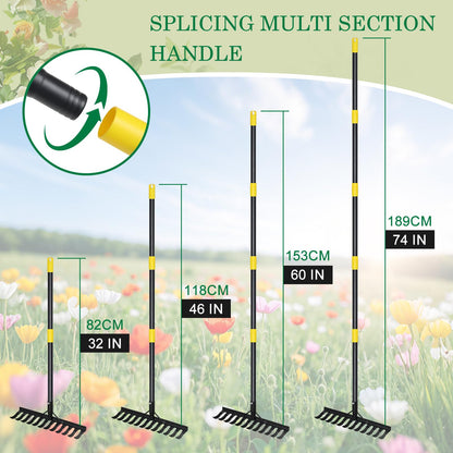 Garden Rake Heavy Duty, 74 Inch Metal Rake with 12 Tines, Bow Rake with Long Handle for Loosening Soil Leveling Lawn Farming Land, Black